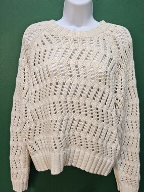 American Eagle Outfitters Open-Knit Cream Crewneck Sweater